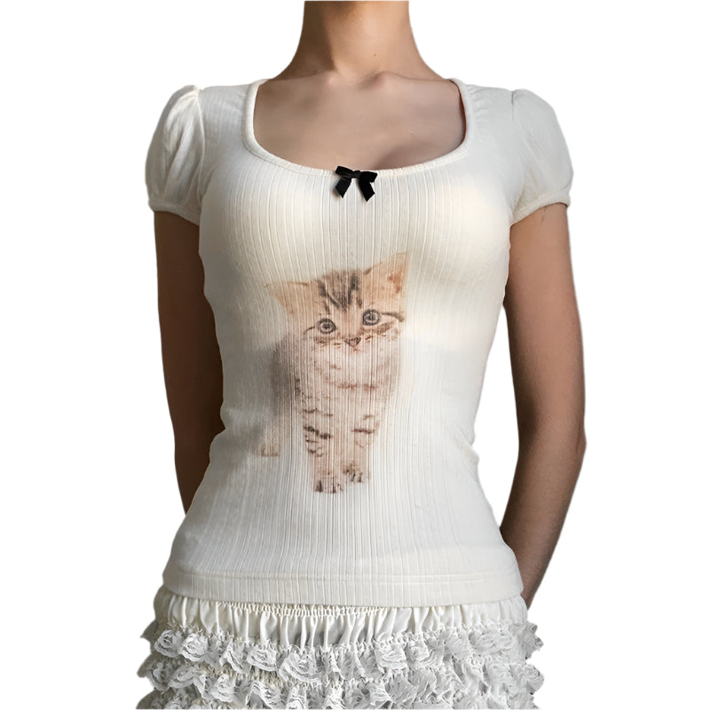 PuffMeow - Haut à manches bouffantes avec imprimé de chat et détail en nœud