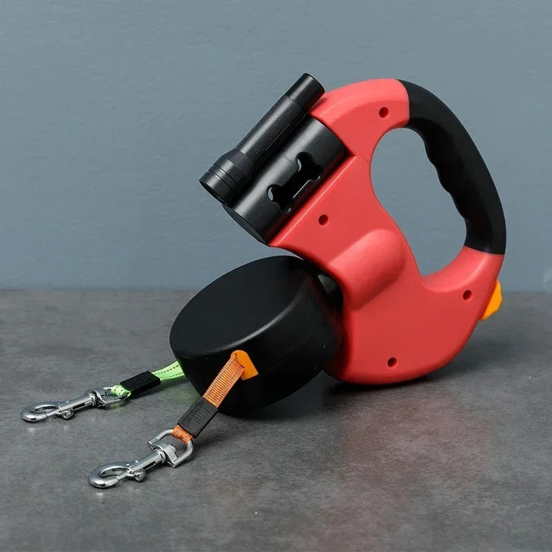 LumiLeash 2-en-1 Laisse Double pour Chien avec Lampe LED et Distributeur de Sacs à Déchets