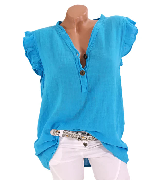 Connie - Blouse féminine avec décolleté en V et bord froncé