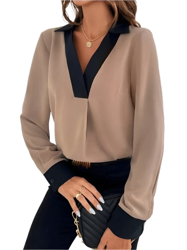 Alexandra - Blouse sophistiquée avec décolleté en V et contraste élégant