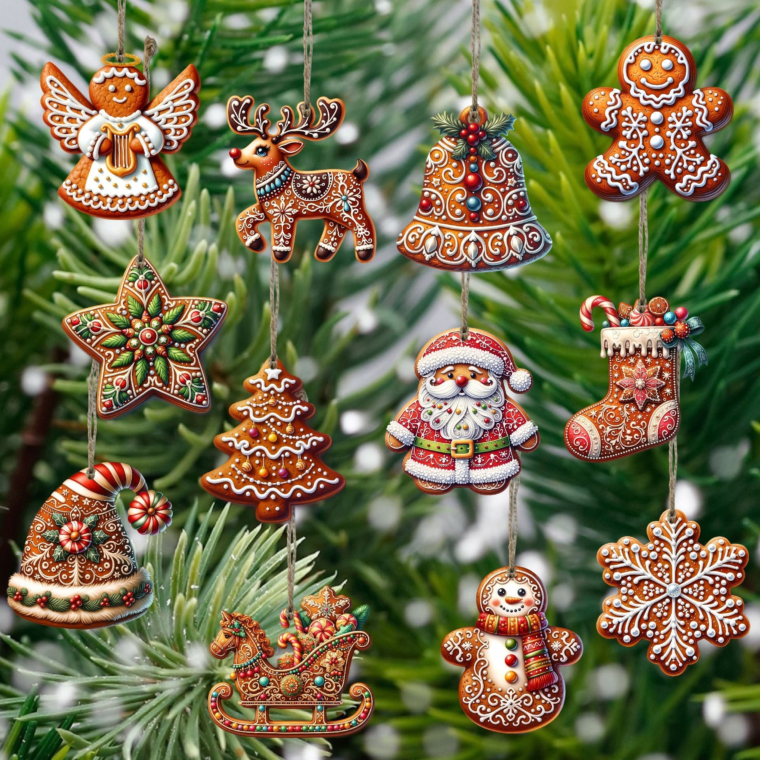 Ensemble de 12 ornements de Noël en bois faits main