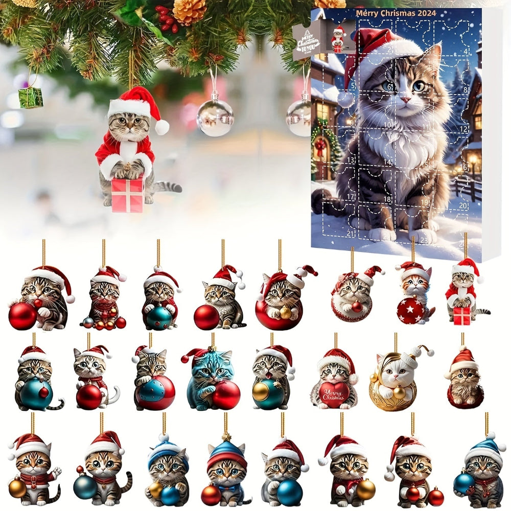 Calendrier de l'Avent vintage avec pendentifs en acrylique en forme de chats 2025, compte à rebours de Noël de 24 jours pour amoureux des chats