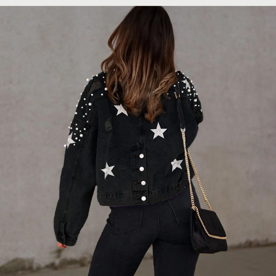 Editha - Veste en denim à perles en forme de bouton