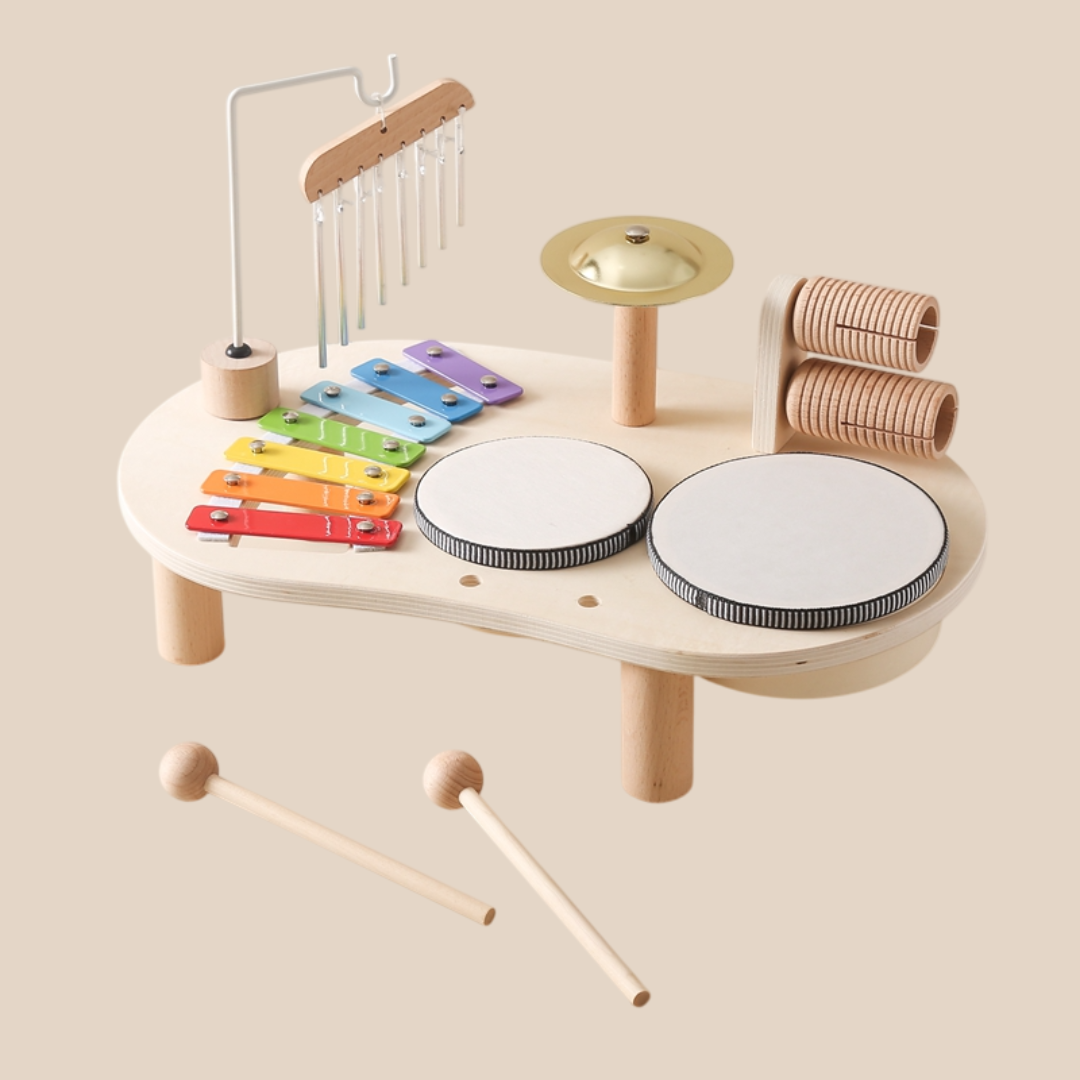 MelodyPlay Table de musique en bois – Instrument pédagogique tout-en-un pour tout-petits, avec tambours, xylophone et métallophones