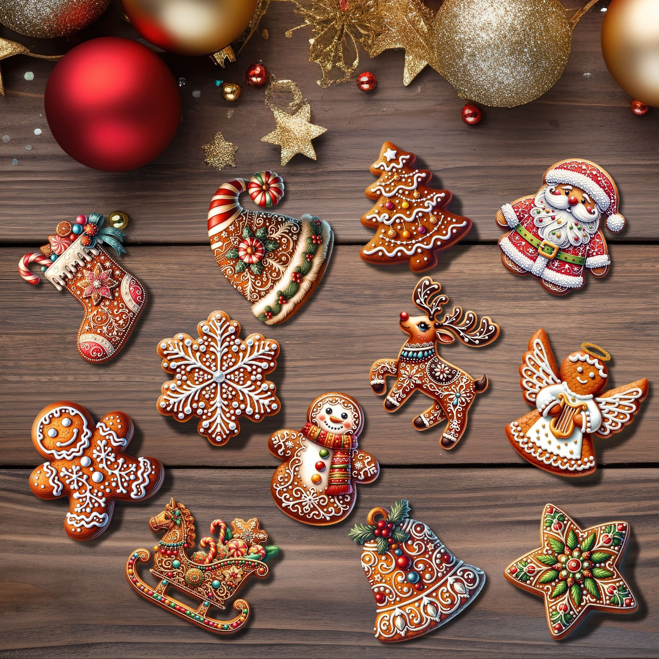 Ensemble de 12 ornements de Noël en bois faits main