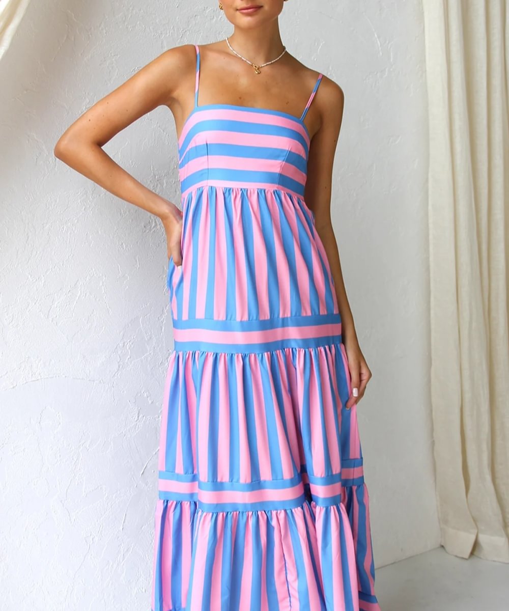 Solene - Robe maxi à volants rayée avec un haut ajusté et des fines bretelles