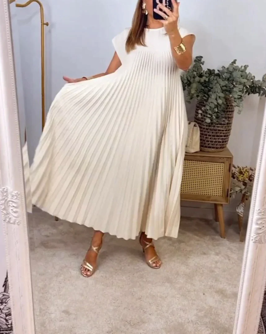 Elara - Robe Maxi Plissée à Manches Courtes