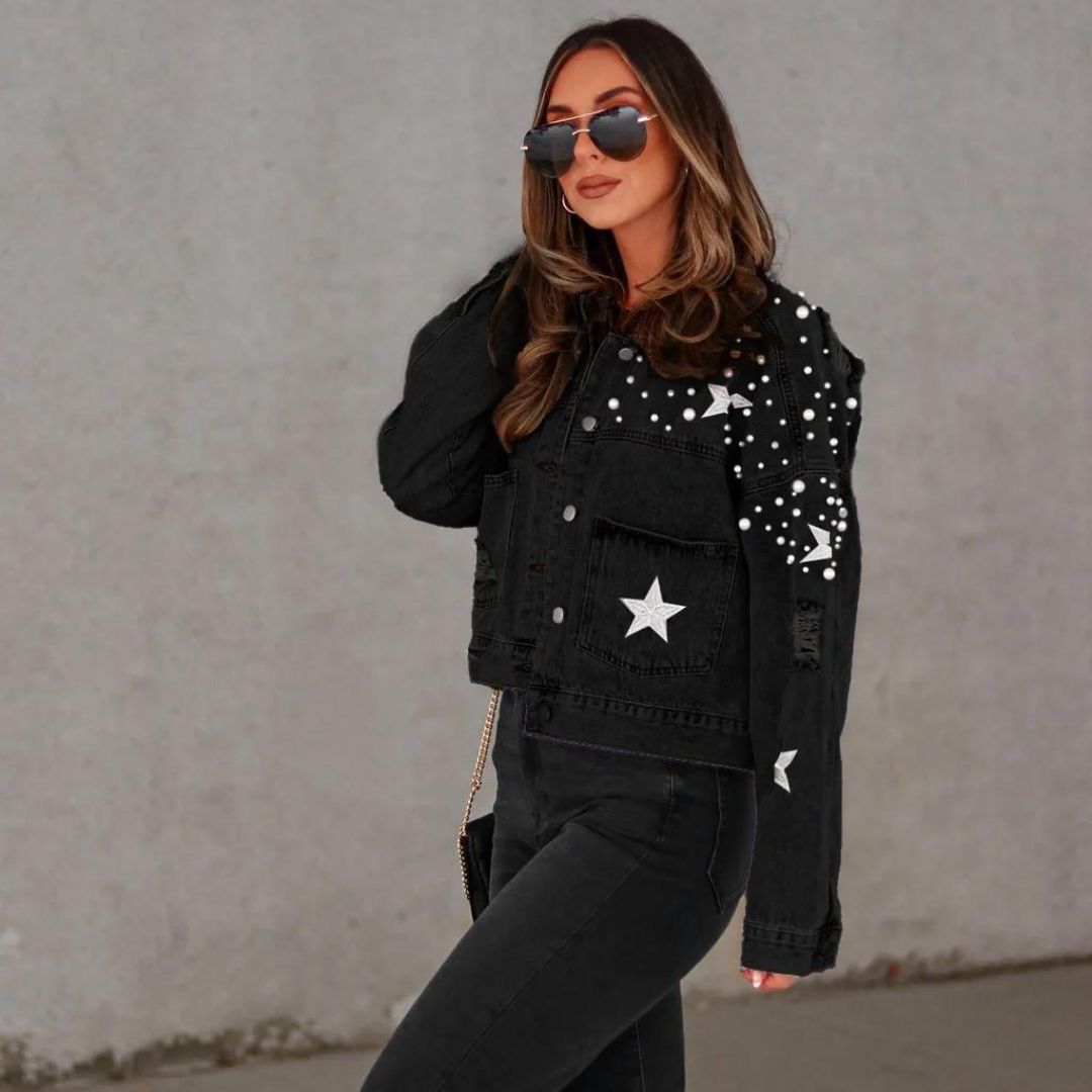 Editha - Veste en denim à perles en forme de bouton