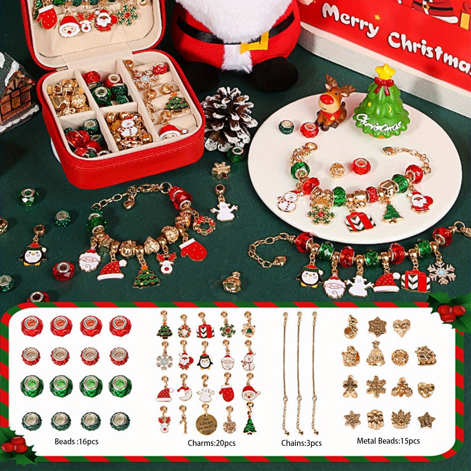 Kit de fabrication de bracelet charm de Noël, série élégante rouge et verte DIY perles