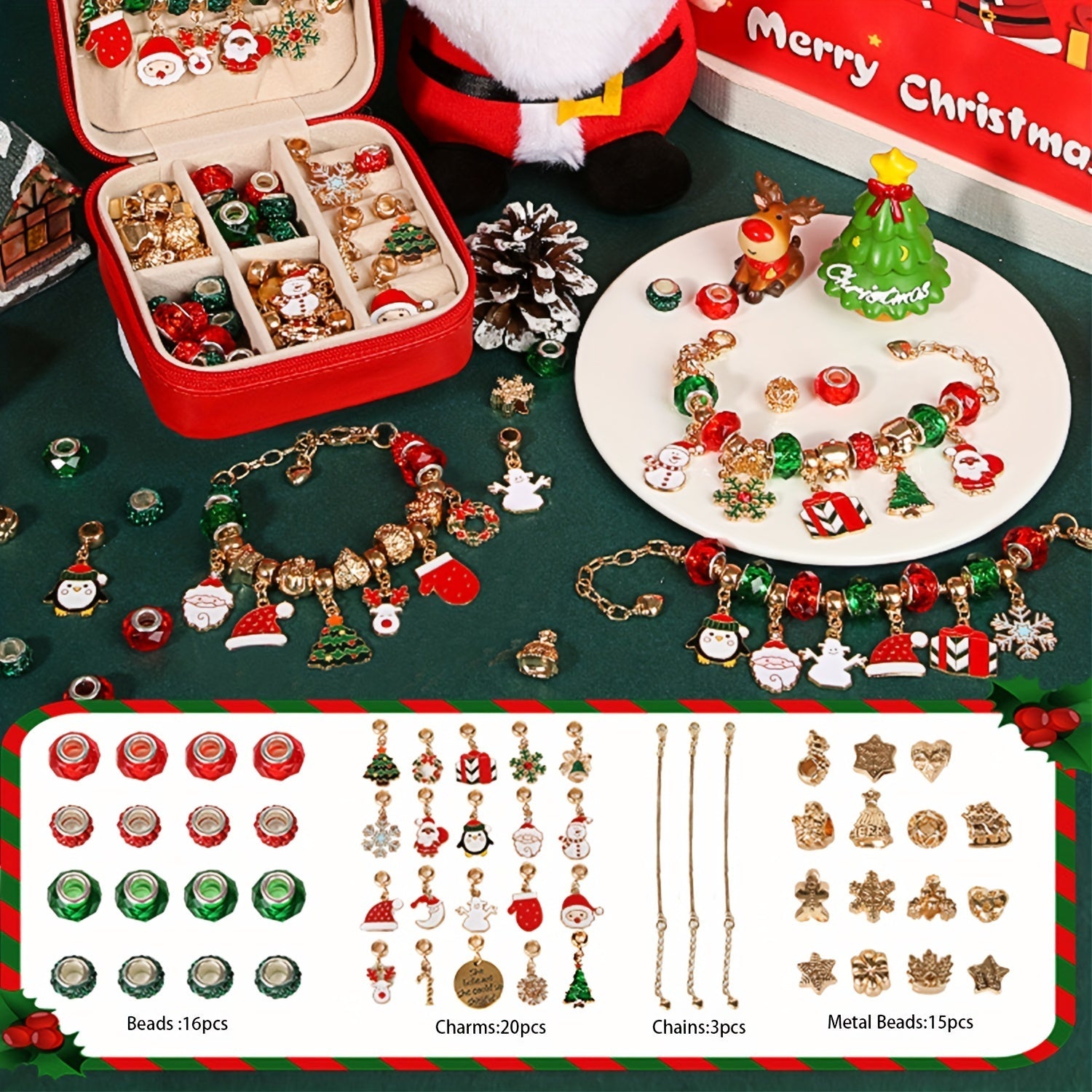 Kit de fabrication de bracelet charm de Noël, série élégante rouge et verte DIY perles