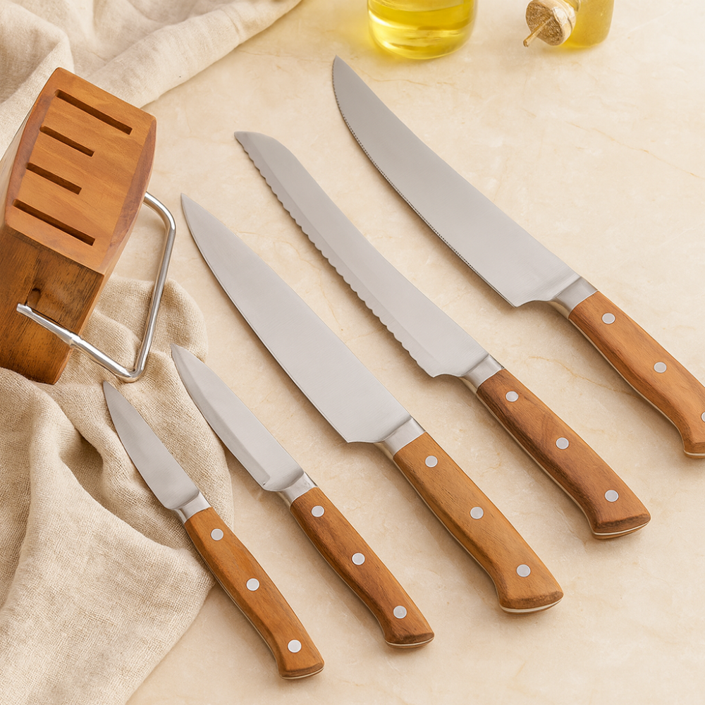 AcaciaGuard | Ensemble de 5 couteaux de cuisine en acier allemand avec bloc en acacia