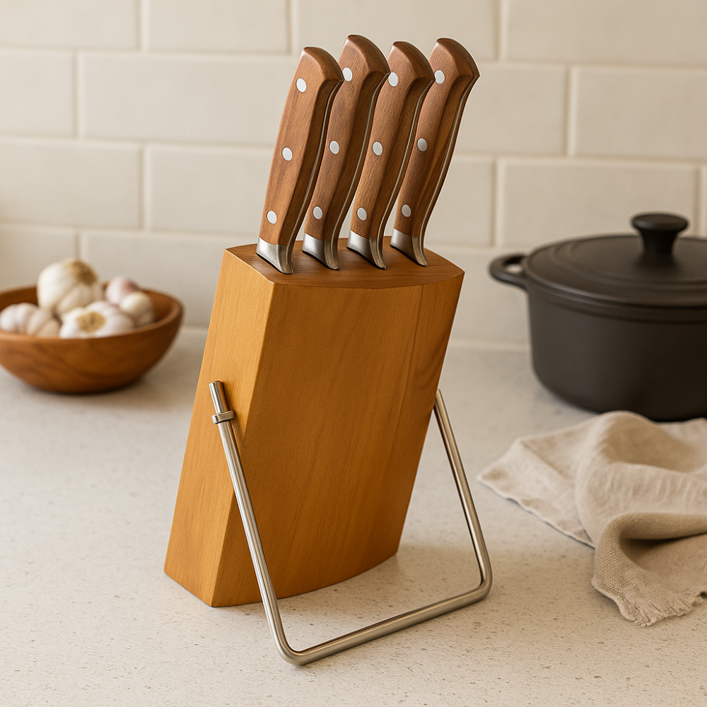 AcaciaGuard | Ensemble de 5 couteaux de cuisine en acier allemand avec bloc en acacia