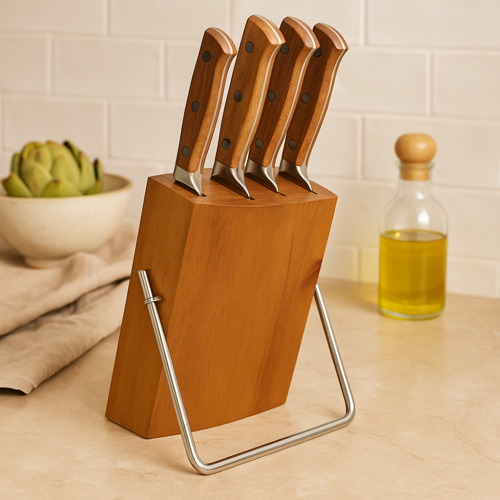 AcaciaGuard | Ensemble de 5 couteaux de cuisine en acier allemand avec bloc en acacia