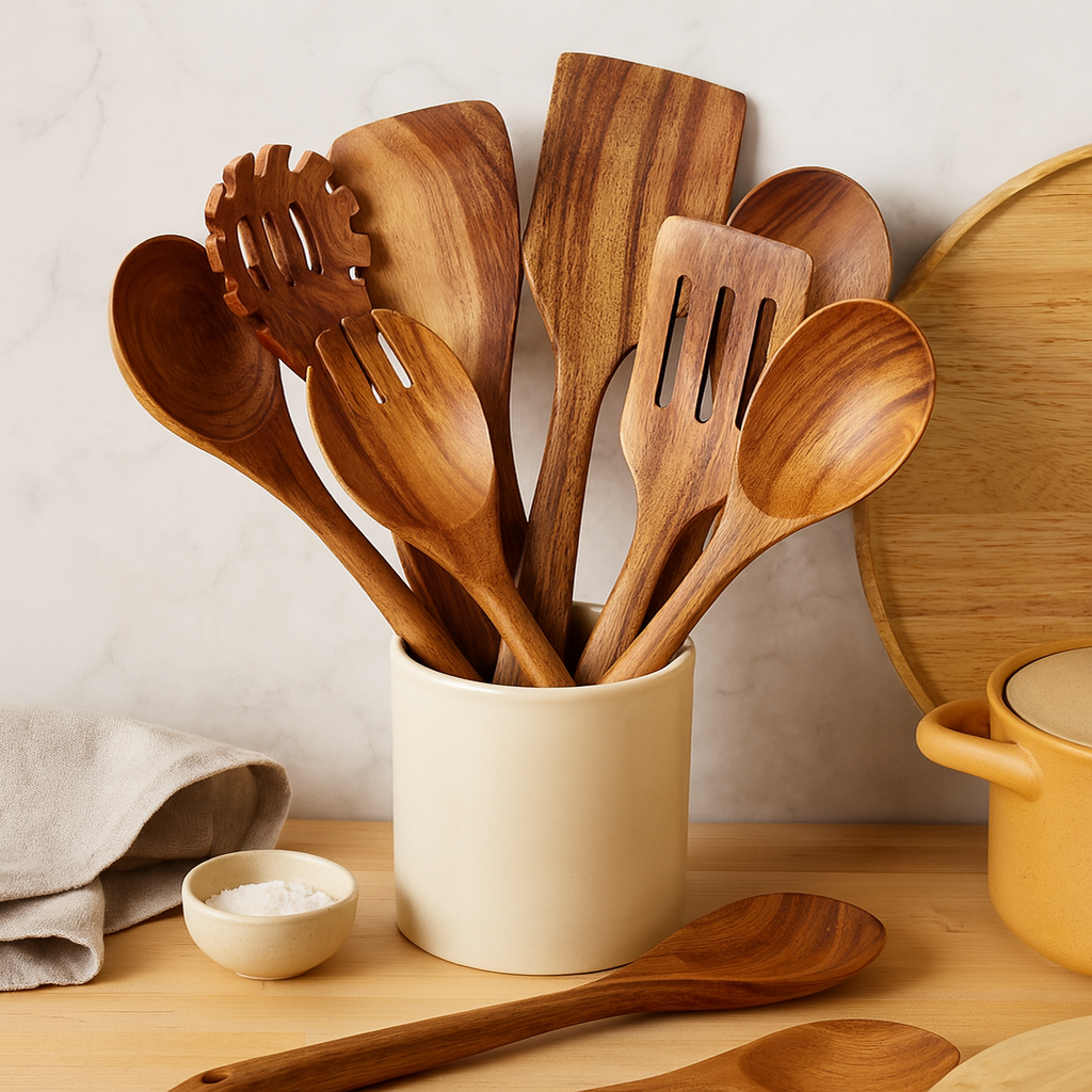 Acrona | Set de 9 pièces d'ustensiles de cuisine en bois d'acacia