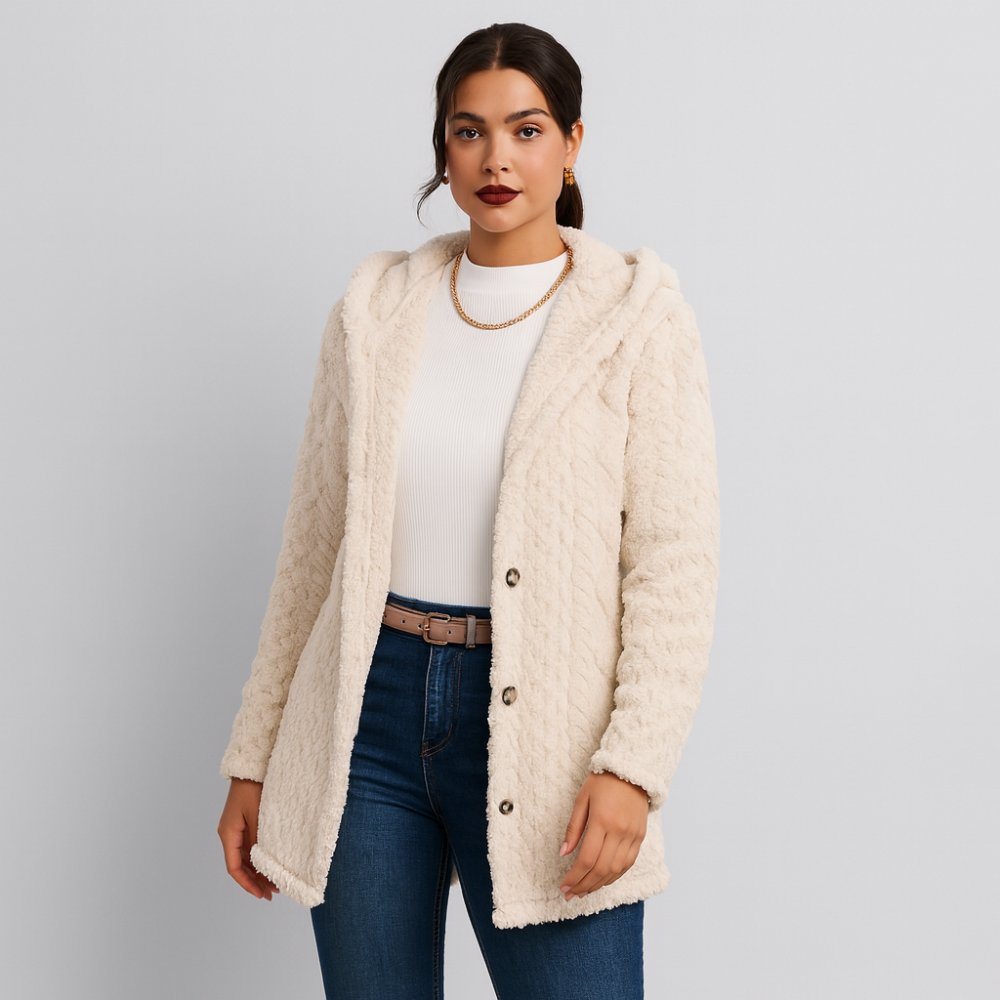 Marlena | Manteau Teddy à boutons pour femmes, veste à capuche pour l'automne et l'hiver