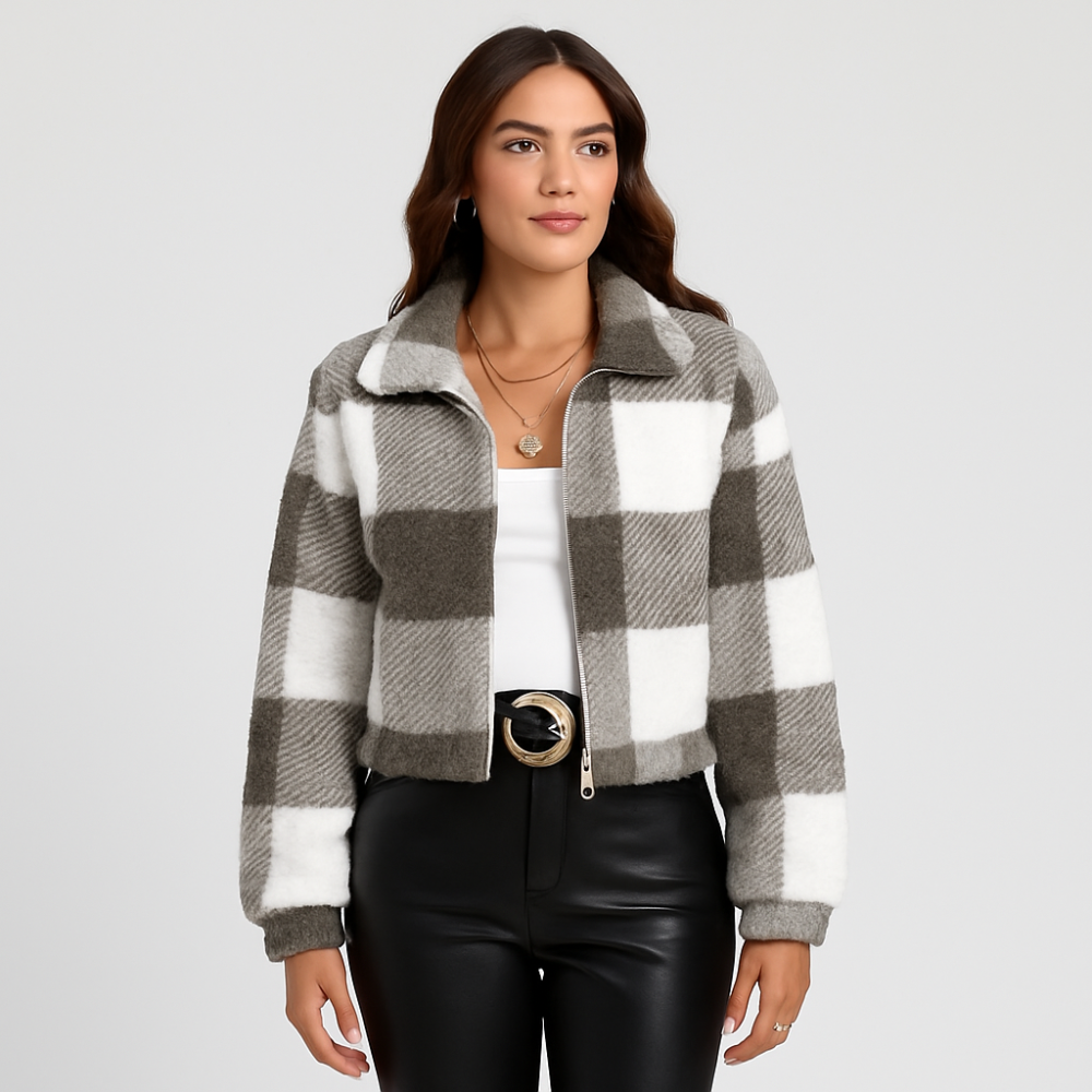 Sabine | Veste en polaire à carreaux pour femmes avec fermeture éclair et manches longues
