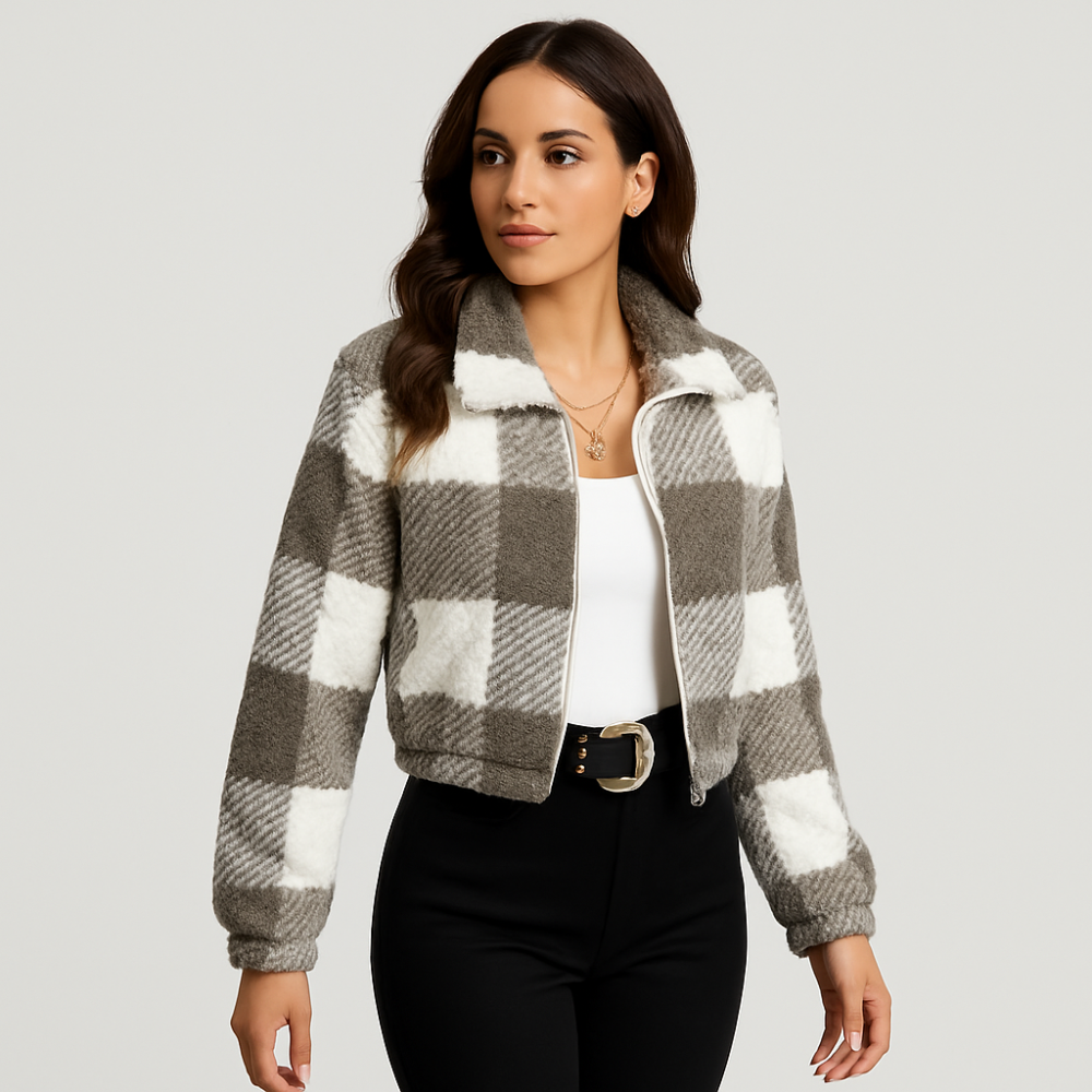 Sabine | Veste en polaire à carreaux pour femmes avec fermeture éclair et manches longues