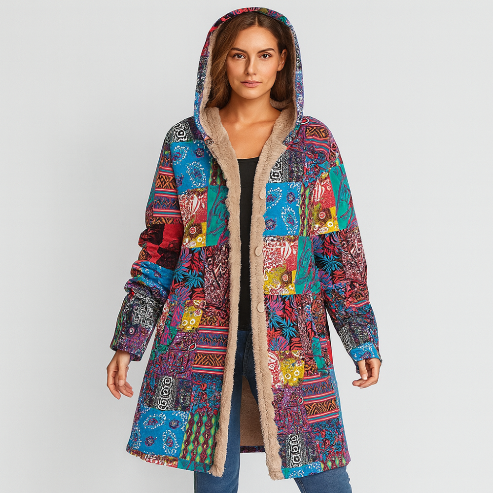 Selene | Manteau d'hiver bohème en patchwork avec capuche