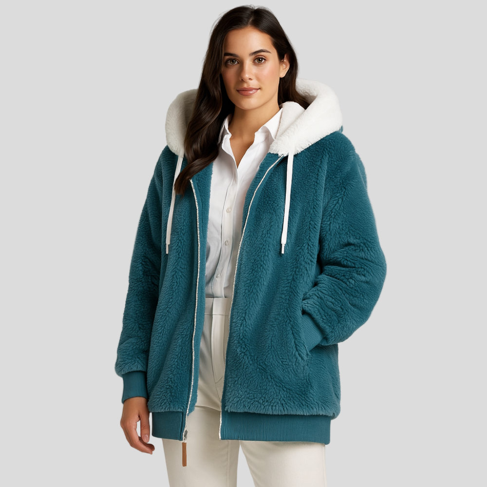 Leila | Manteau décontracté avec fermeture éclair et capuche en fausse fourrure