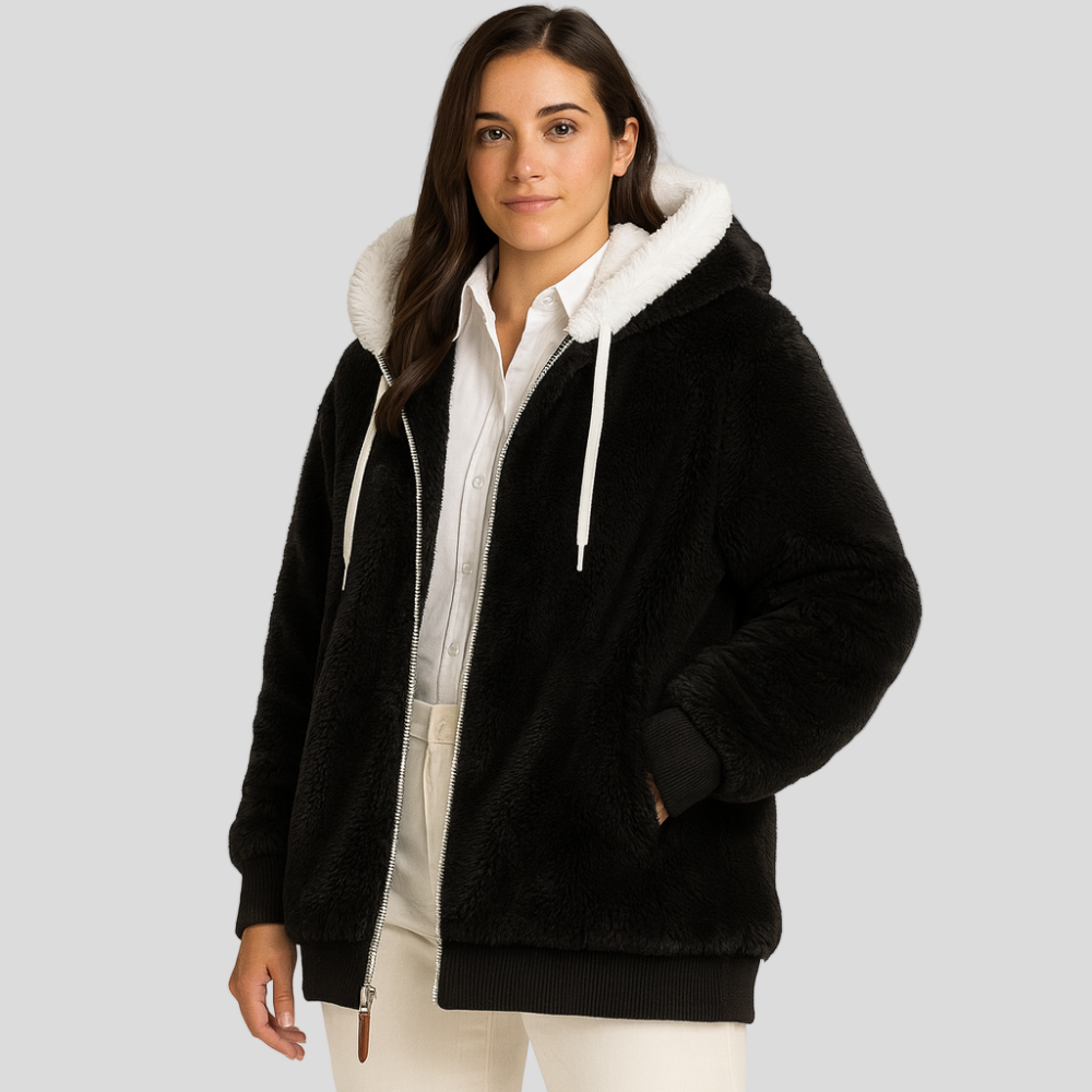 Leila | Manteau décontracté avec fermeture éclair et capuche en fausse fourrure