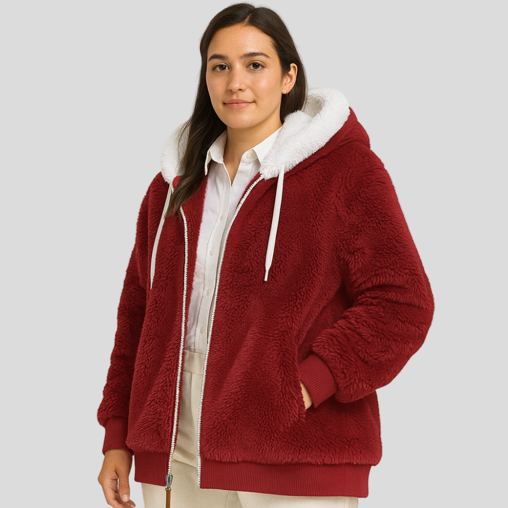 Leila | Manteau décontracté avec fermeture éclair et capuche en fausse fourrure