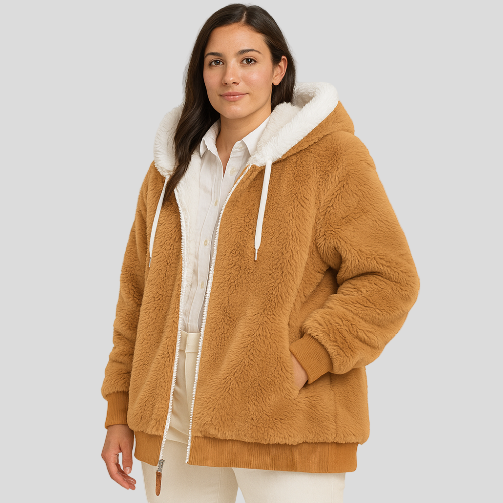 Leila | Manteau décontracté avec fermeture éclair et capuche en fausse fourrure