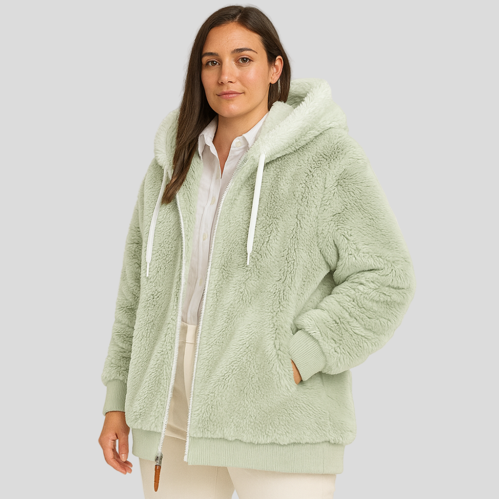 Leila | Manteau décontracté avec fermeture éclair et capuche en fausse fourrure