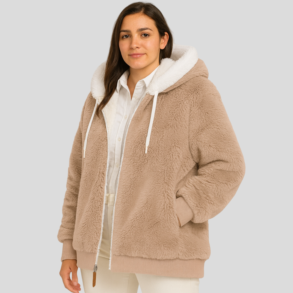 Leila | Manteau décontracté avec fermeture éclair et capuche en fausse fourrure