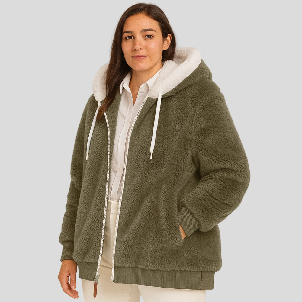 Leila | Manteau décontracté avec fermeture éclair et capuche en fausse fourrure