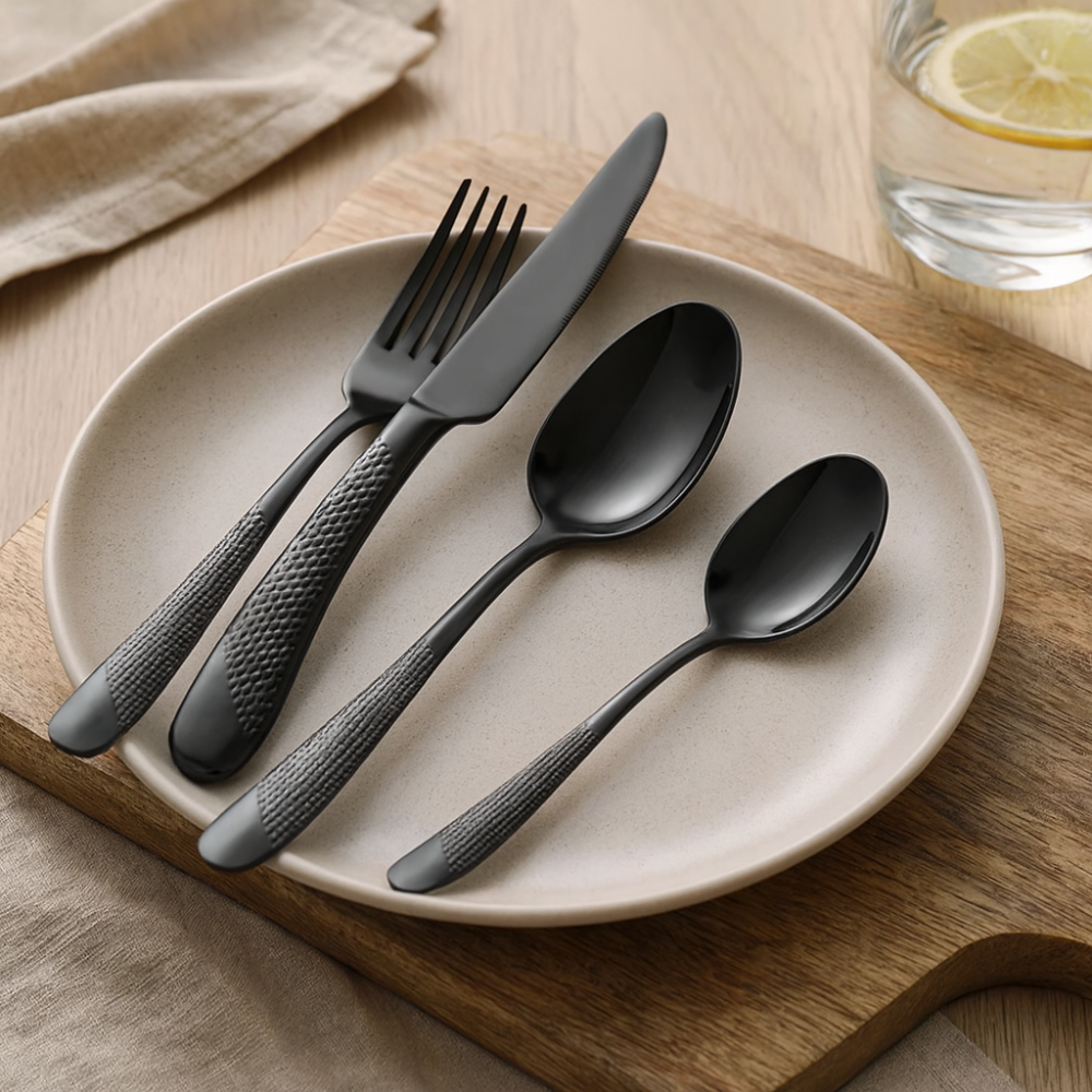 Service de table de 40 pièces en acier inoxydable noir Carver