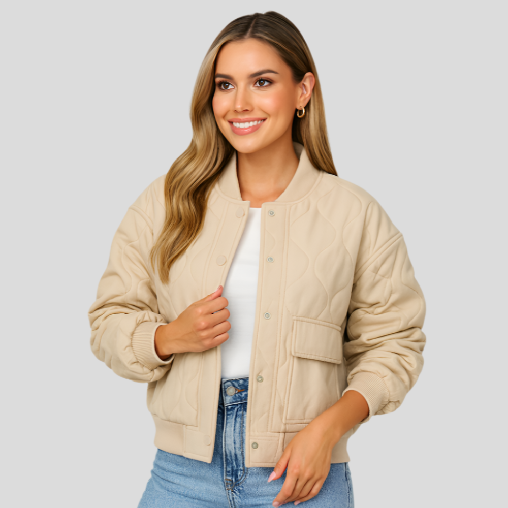 Veste bomber courte Karina – Ourlets côtelés et poches latérales pour femme