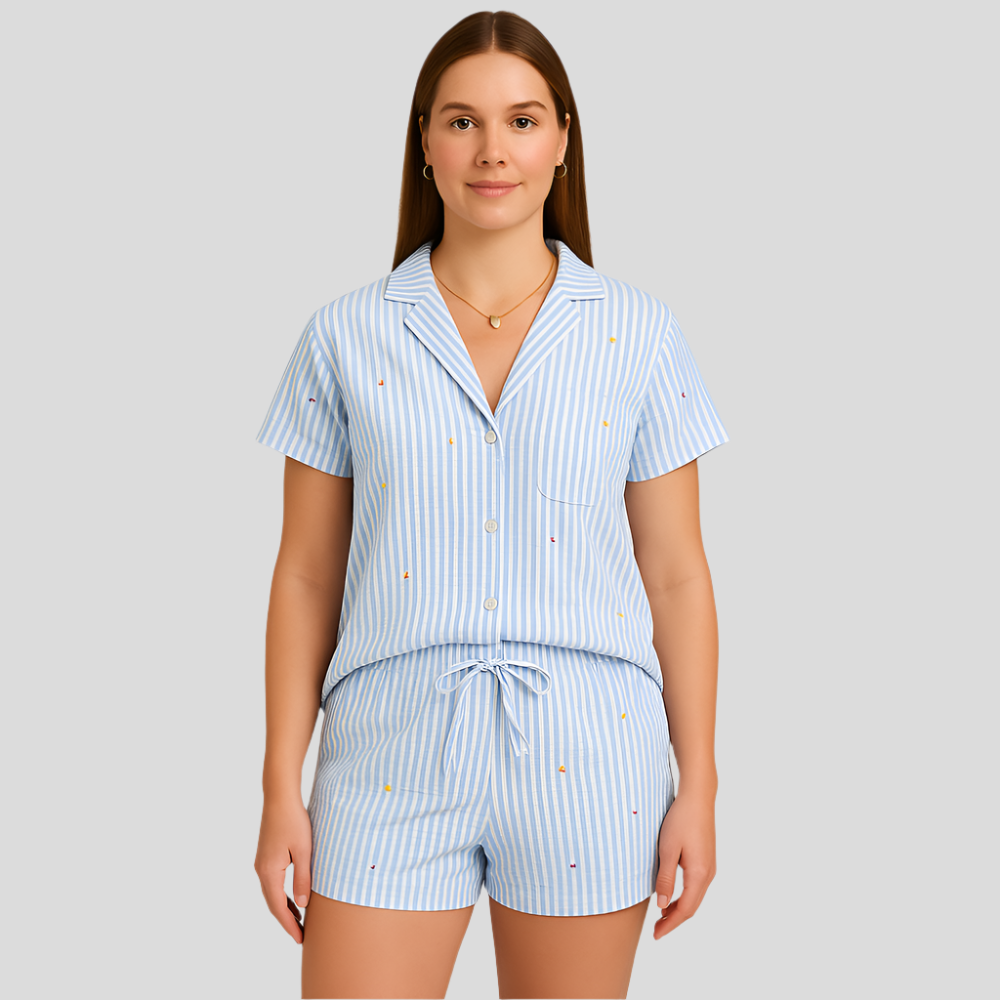 Ensemble de pyjama pour femmes en deux pièces – Chemise à boutons et short à taille elastique