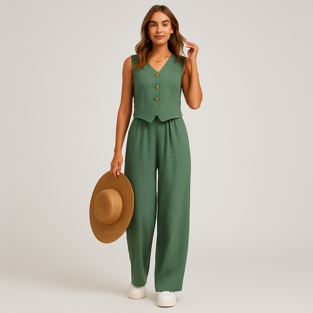 Ensemble élégant en deux pièces pour femmes – Haut sans manches avec décolleté en V et pantalon uni assorti