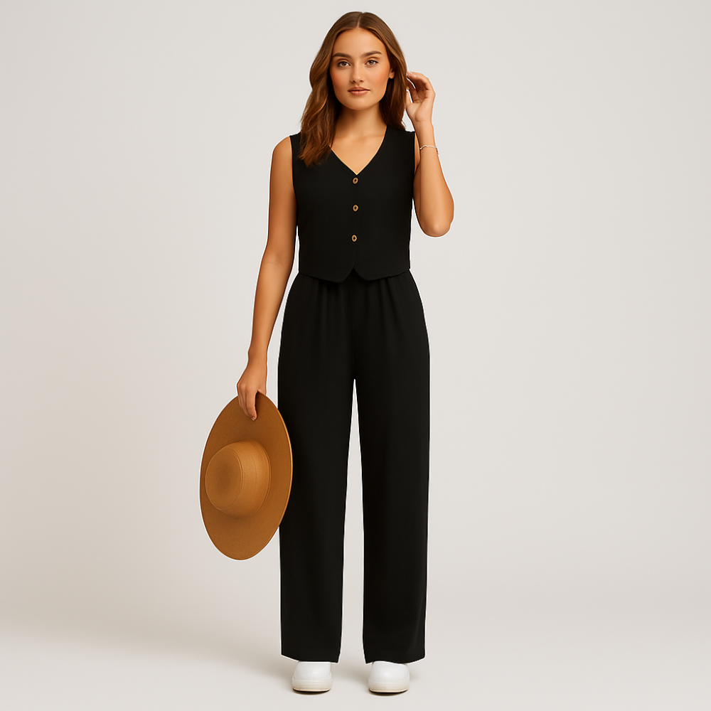 Ensemble élégant en deux pièces pour femmes – Haut sans manches avec décolleté en V et pantalon uni assorti