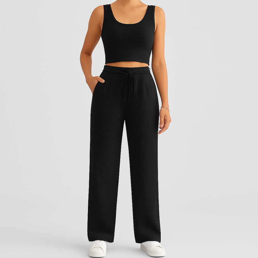 Ensemble d'été pour femmes en deux pièces – Crop-top sans manches et pantalon structuré à taille haute