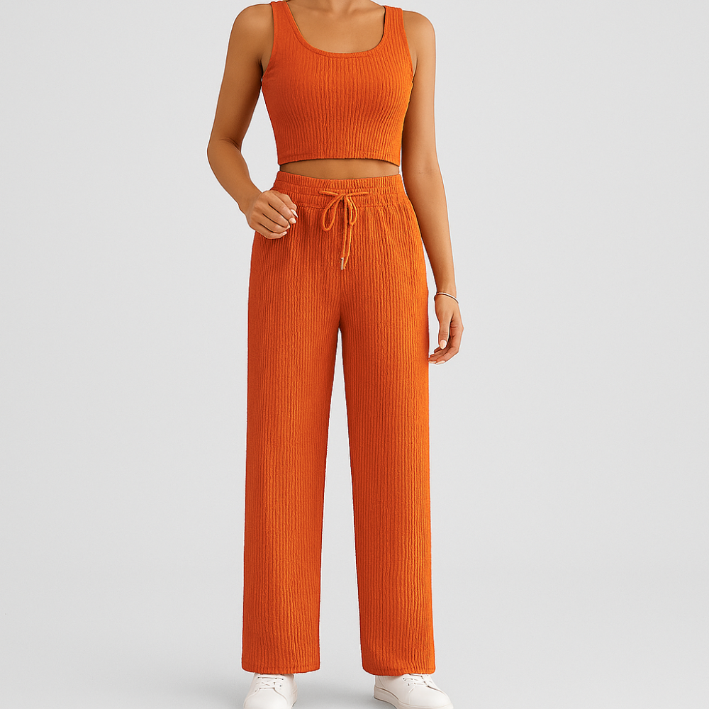 Ensemble d'été pour femmes en deux pièces – Crop-top sans manches et pantalon structuré à taille haute