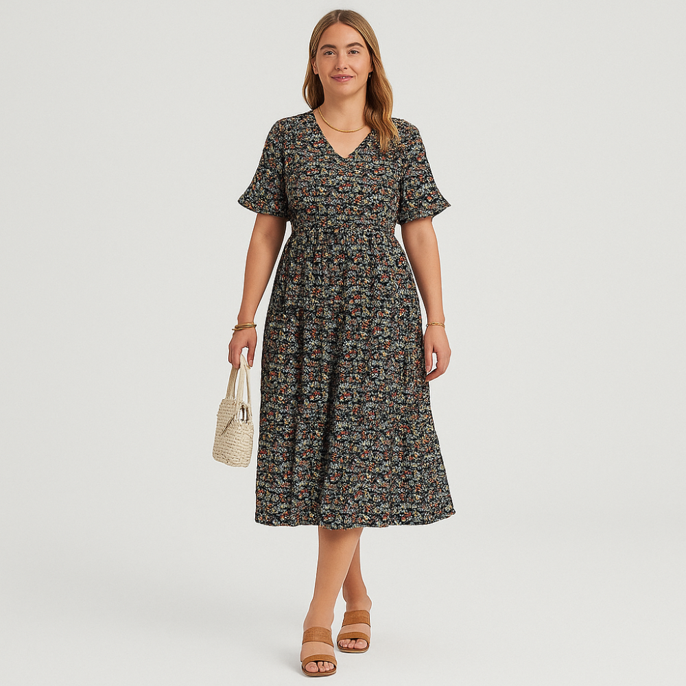 Robe mi-longue – Coupe féminine avec manches à volants