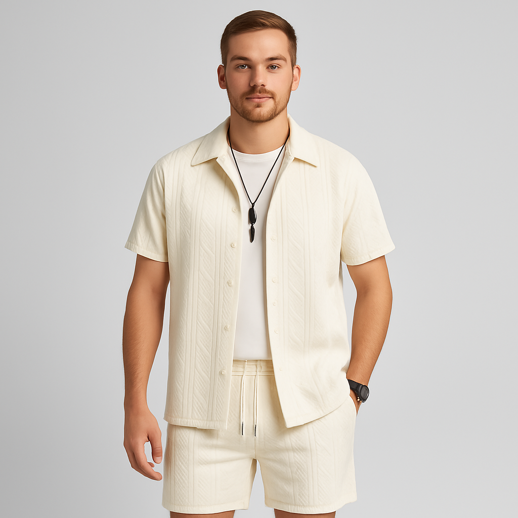 Ensemble tricot jacquard deux pièces pour hommes – chemise à manches courtes et short en uni, tenue de loisirs haut de gamme