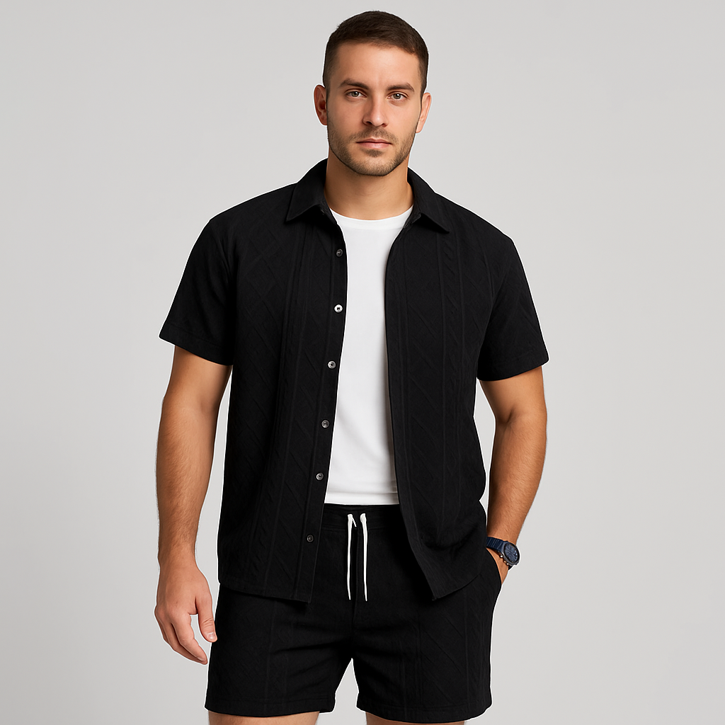 Ensemble tricot jacquard deux pièces pour hommes – chemise à manches courtes et short en uni, tenue de loisirs haut de gamme