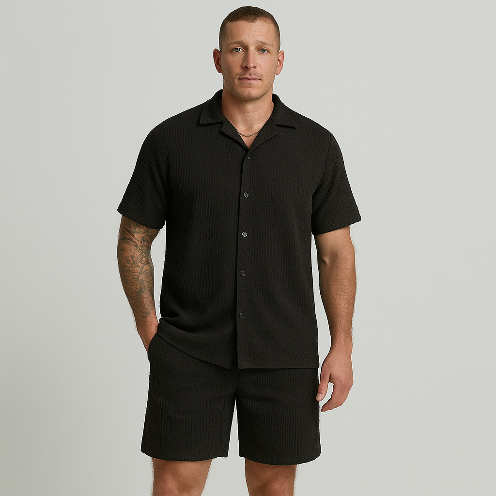 Ensemble décontracté pour hommes – Chemise à manches courtes avec col et short à motif carreaux structuré