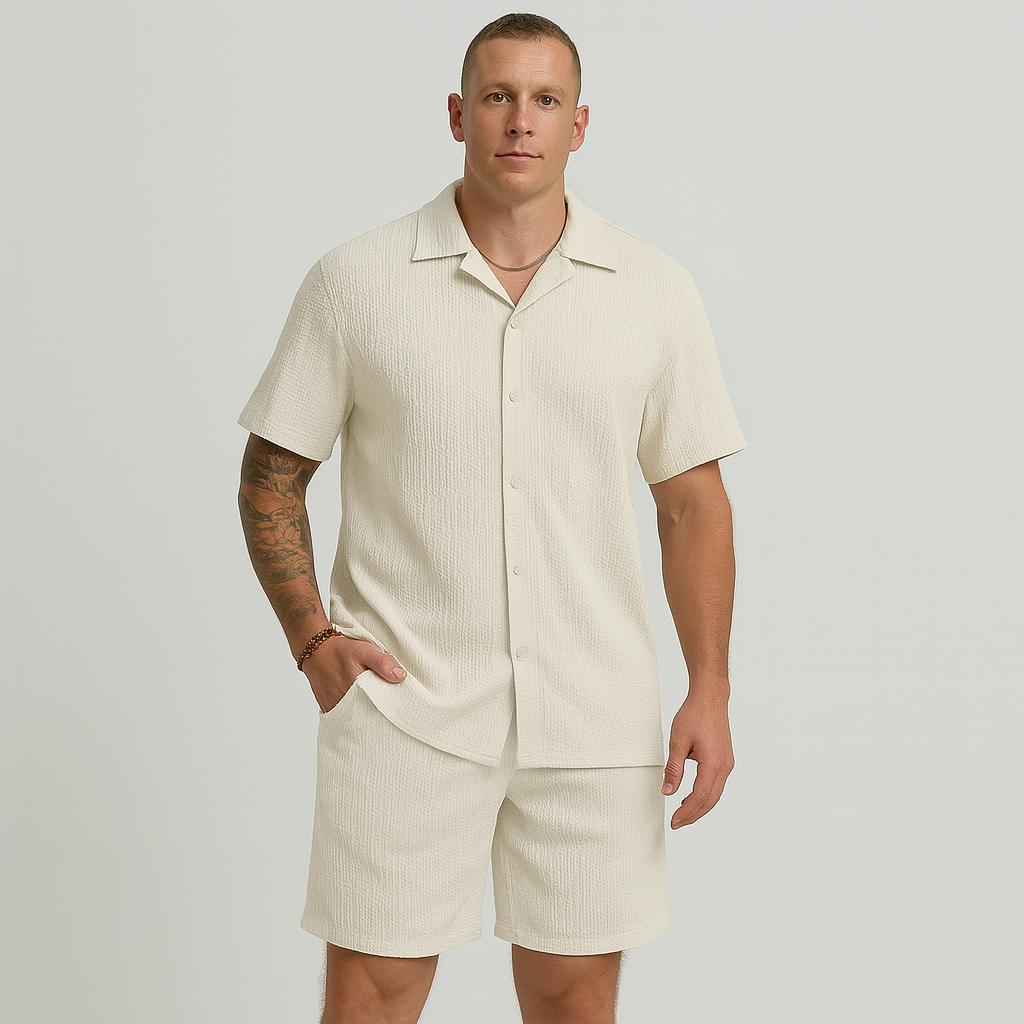 Ensemble décontracté pour hommes – Chemise à manches courtes avec col et short à motif carreaux structuré
