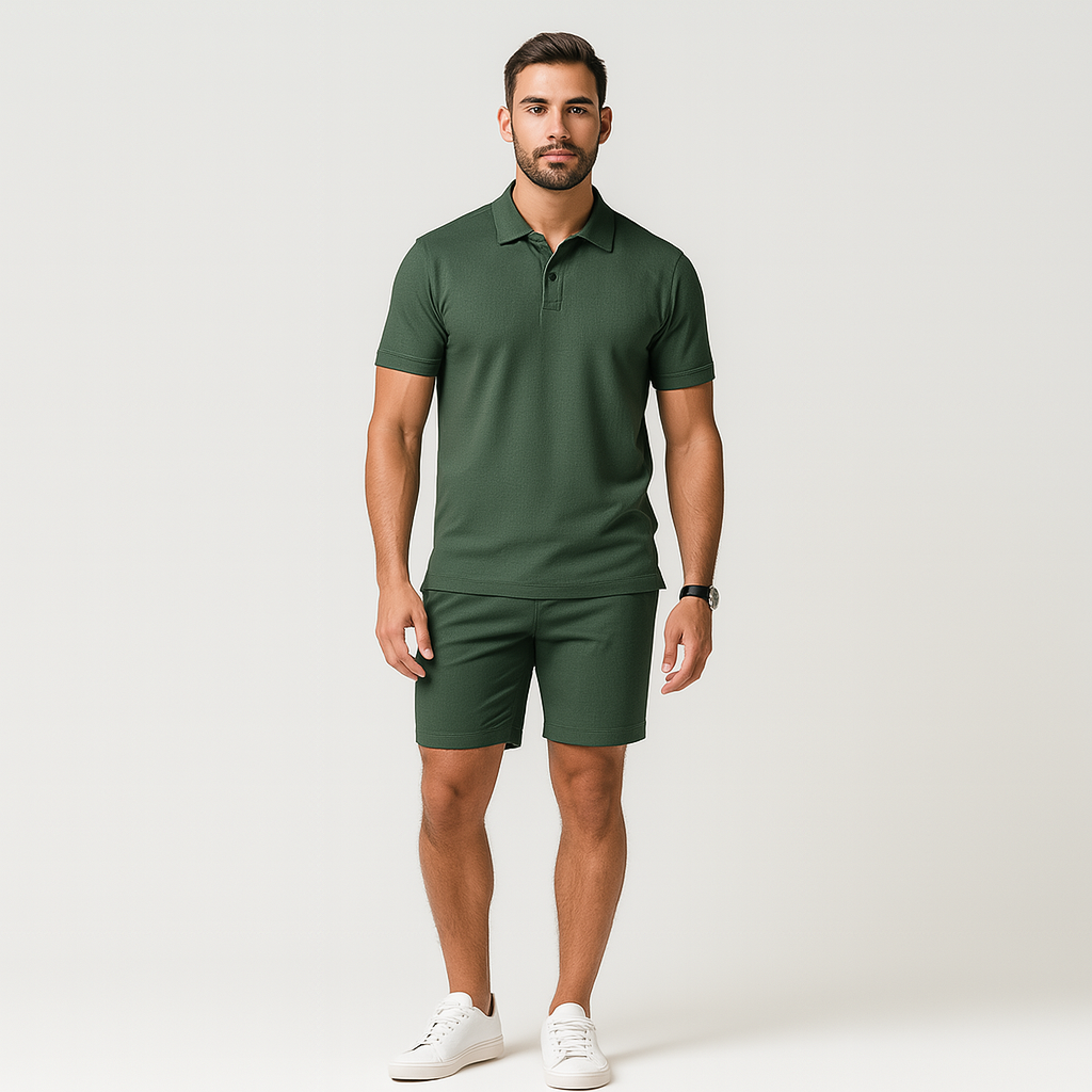 Ensemble polo 2 pièces pour homme : chemise à manches courtes et short à cordon de serrage, vert foncé