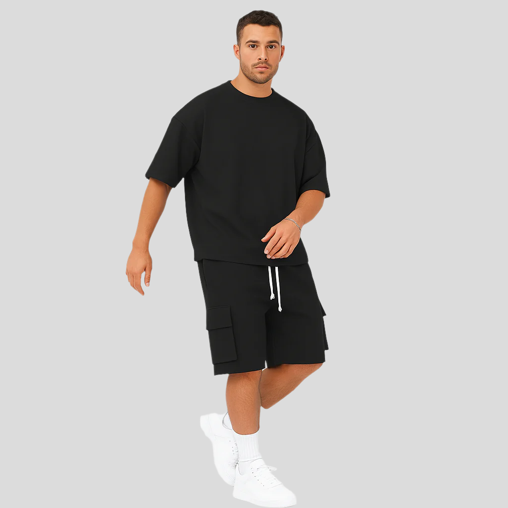 Ensemble de vêtements de sport pour hommes – T-shirt en polyester respirant à col rond et short avec cordon de serrage et poches