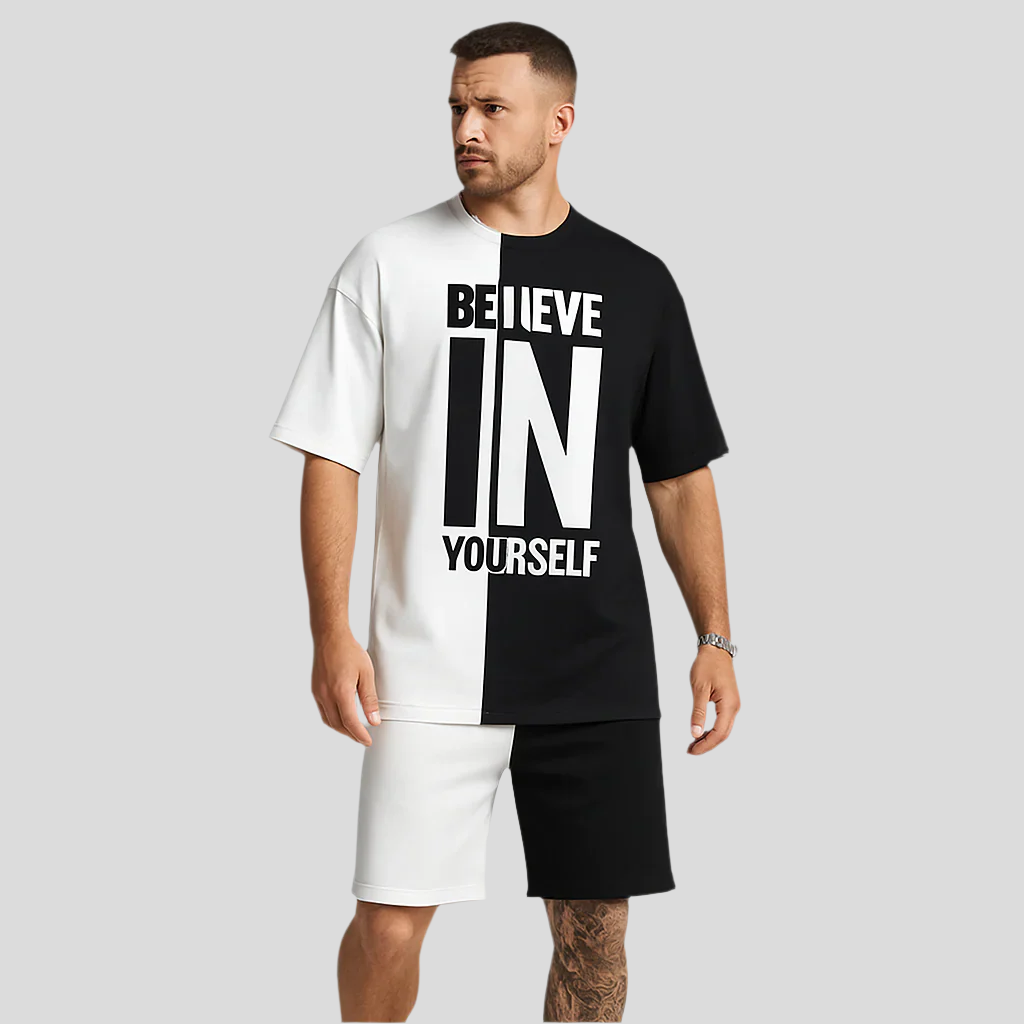 Ensemble de motivation pour hommes avec impression par blocs de couleurs – T-shirt « Crois en toi » et short assorti