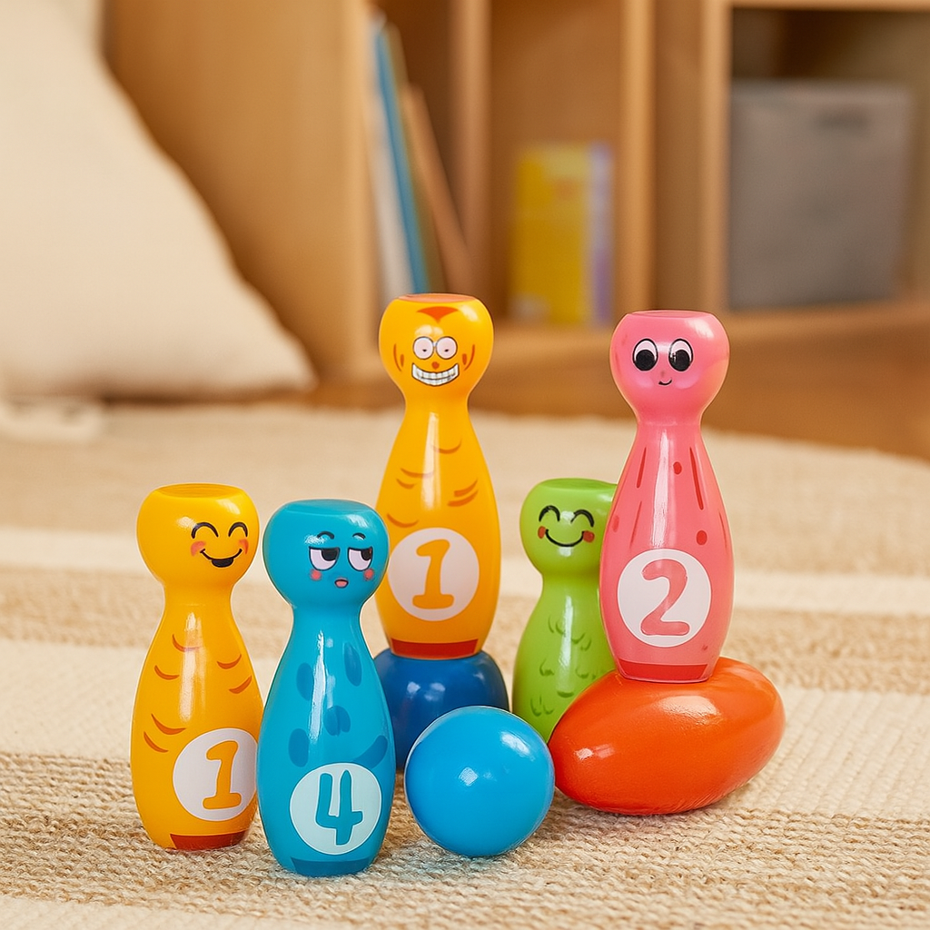 Ensemble de jeu de bowling de dessins animés pour enfants – Jeu d'intérieur et d'extérieur avec des quilles et des balles colorées
