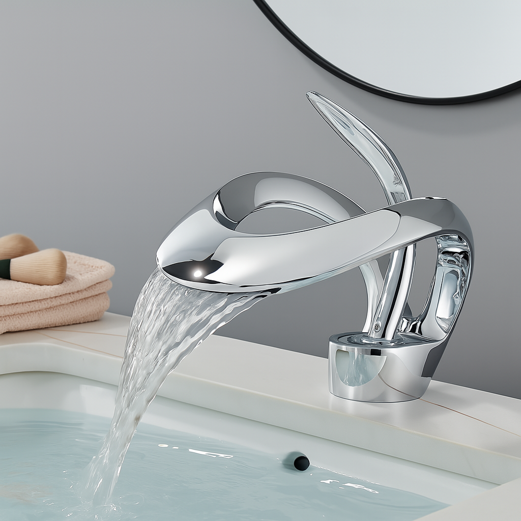Robinet de salle de bain à cascade moderne – Mitigeur lavabo à levier chromé au design sculptural