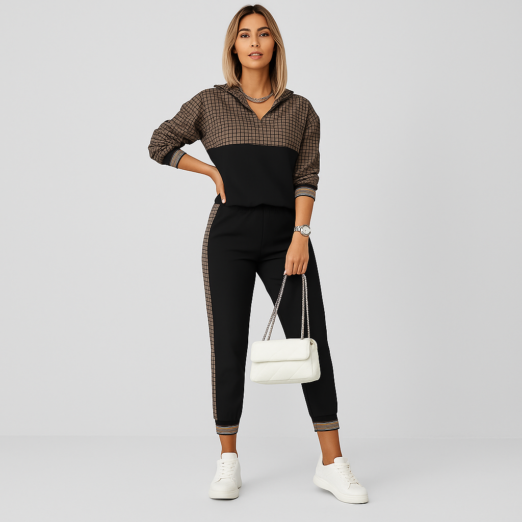 Ensemble d'entraînement élégant en deux pièces pour dames – Veste à carreaux avec fermeture éclair et pantalon étroit avec bande sur les côtés
