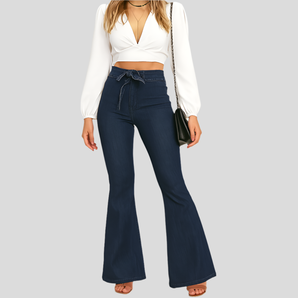Isa – Jeans flare taille haute pour femmes – Jean extensible bleu marine