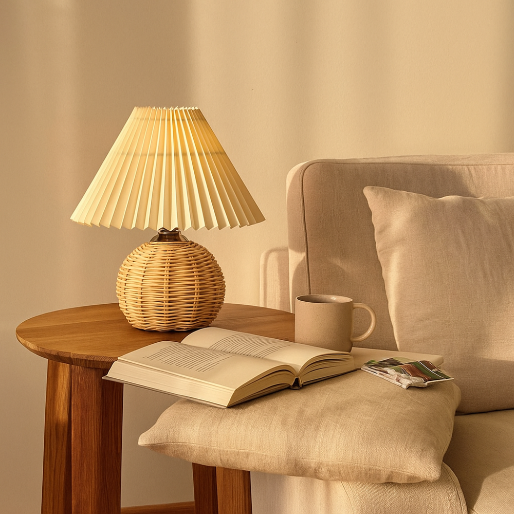 LumaFold - Lampe de table pliable en rotin à éclairage chaleureux