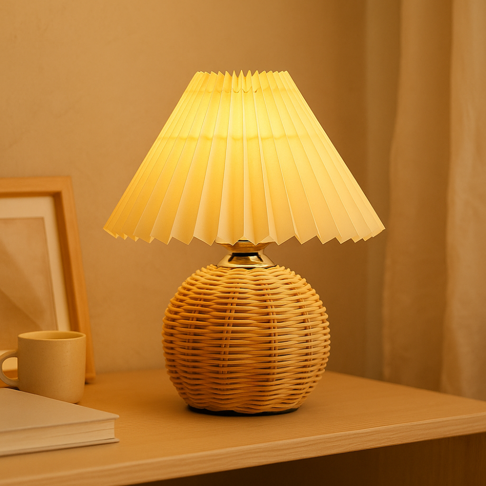 LumaFold - Lampe de table pliable en rotin à éclairage chaleureux